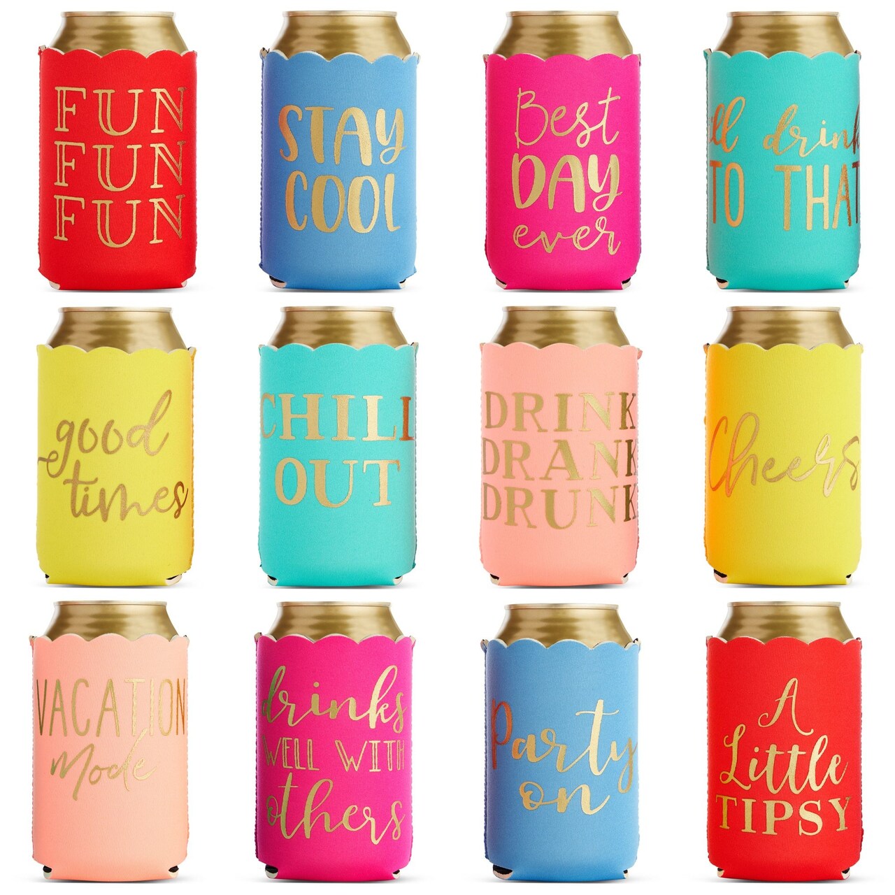 BLUE PANDA 12-Pack Scalloped Can Cooler Sleeves - Girls Trip Fun Gifts - Fits Most 12oz Cans (2.5x2.5x4.2 in) - Neoprene Insulation